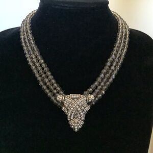 Heidi Daus Art Deco Triple Strand Beaded Crystal Necklace Smoky Topaz